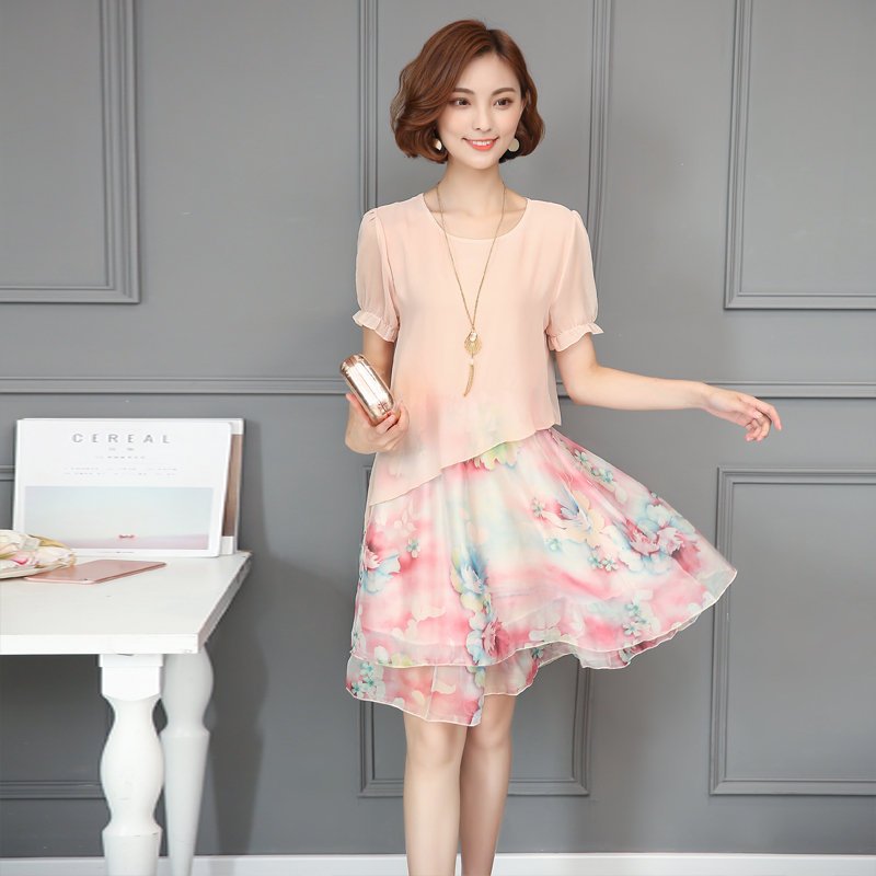 FINDSENSE G5 韓國時尚 大尺碼 女裝 碎花 假兩件式 雪紡 印花 連身裙