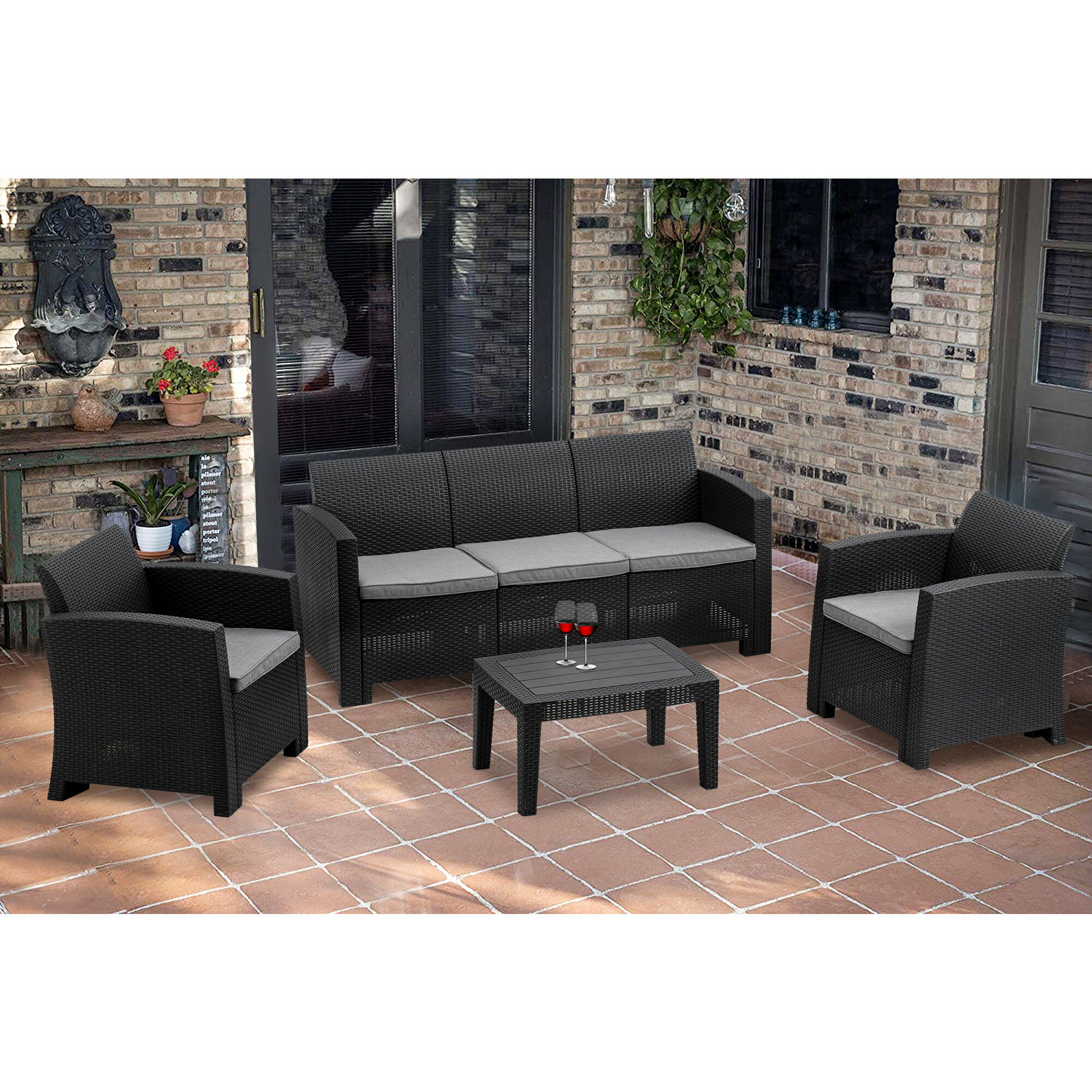 Mcombo 6pcs All Weather Outdoor Patio Garden Bench Furniture Set Plastic Charcoal Wicker Pattern Sofa W Removable Seat Cushions Optional Color And Combination 6050 800 Sold By Mcombo Rakuten Com Shop