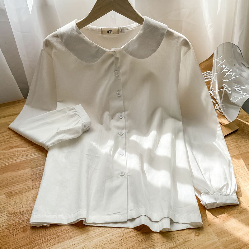 100%純棉白色襯衫女新款秋冬季法式娃娃領氣質別致內襯上衣