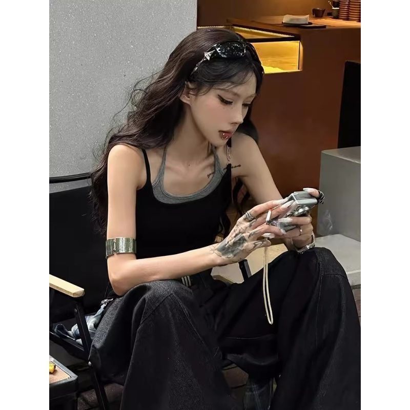 【2994人收藏】純棉撞色假兩件吊帶背心女夏新款設計感純欲辣妹顯瘦百搭短款上衣—貼心服飾