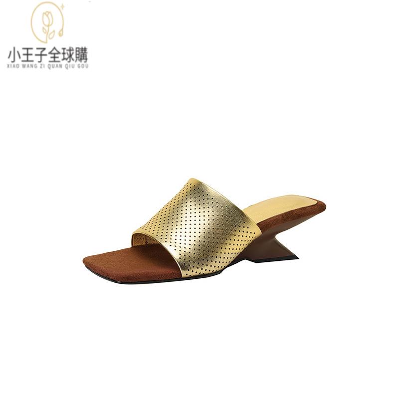 【公司現貨速發】免運 開發票 小短靴 堆堆靴 真皮女鞋 羊皮鞋 小皮鞋 樂福鞋法式復古外穿涼拖夏方頭沖孔鏤空露趾坡跟一字拖時尚通勤 定製