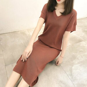 FINDSENSE G5 韓國時尚 顯瘦 純色 V領 短袖 裙子 開叉 長裙 針織 包臀 連身裙