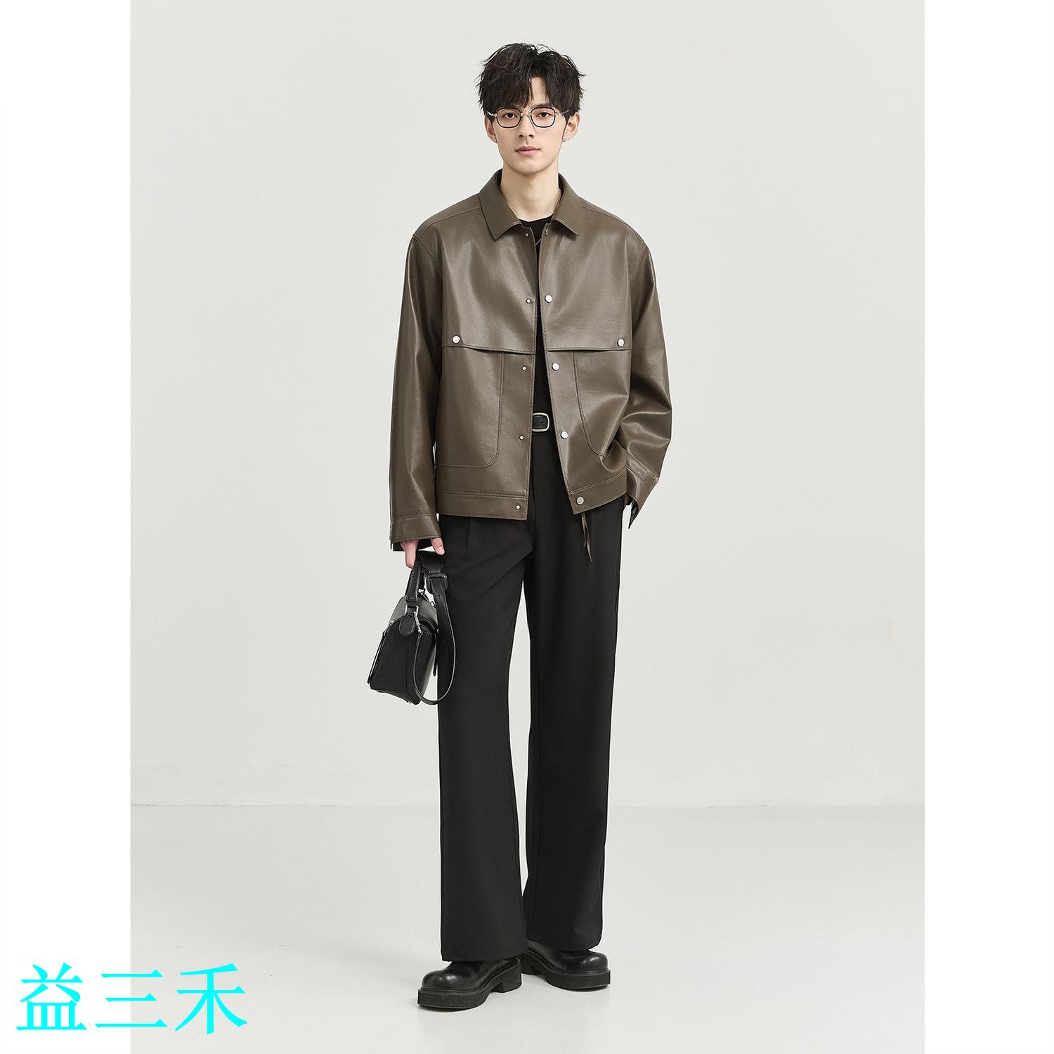 皮衣2024秋季新款高階PU皮夾克短款機車休閑上衣潮流時尚外套男士-益三禾