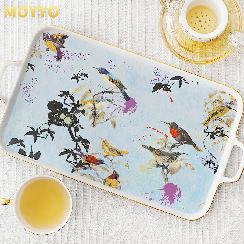 moyyo英式花鳥陶瓷託盤歐式下午茶咖啡具手託茶盤鎏金茶幾置物臺