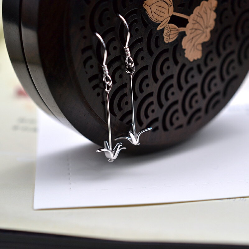 925純銀耳飾江南古典文藝千紙鶴造型長款耳環配禮盒1入