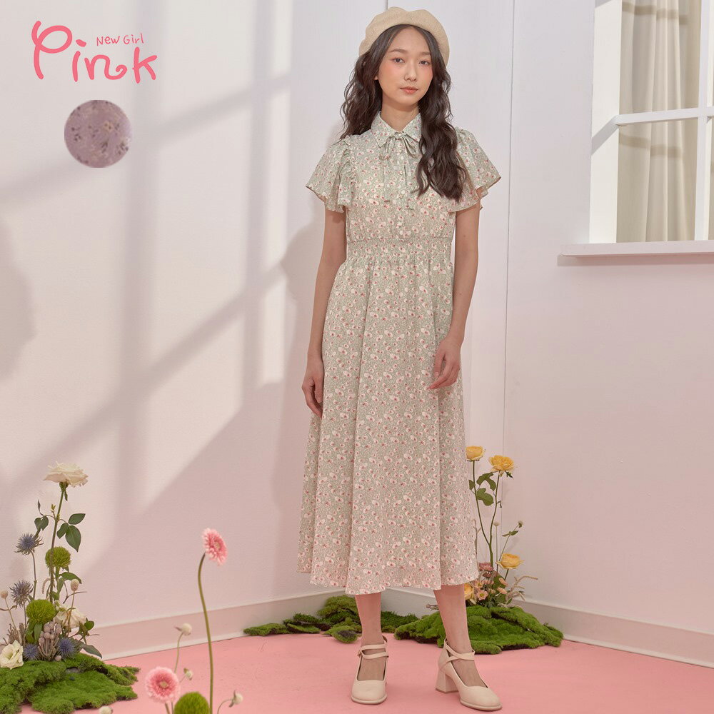 Pink*蝴蝶結領荷葉袖雪紡花卉洋裝 (2色) Y2101AD