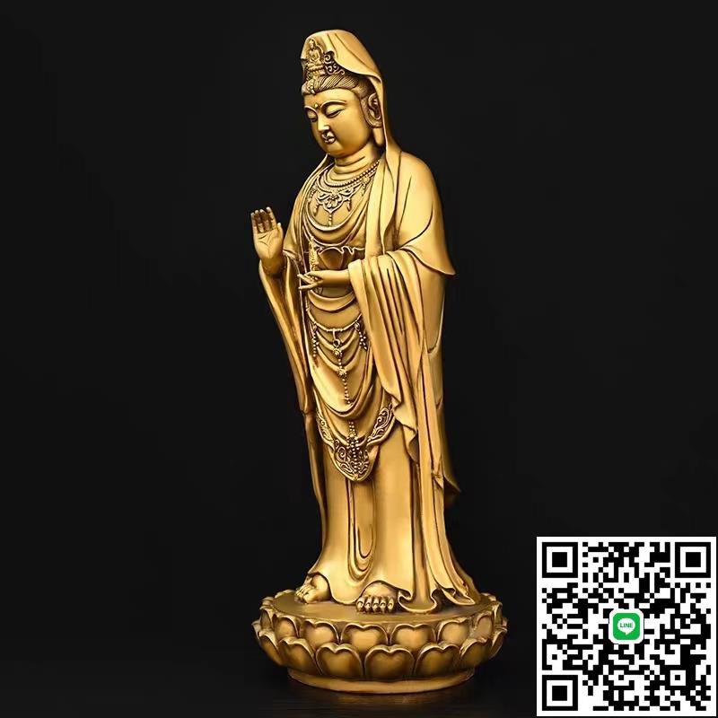 銅南海觀世音擺件黃銅觀音菩薩銅像大號站蓮花觀音純家用佛堂佛像