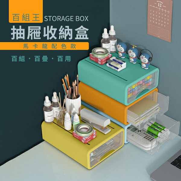 馬卡龍 桌面抽屜收納盒 置物盒 儲物盒 文具盒 抽屜櫃 4入組 (黃、綠、藍、橘各一)-JM