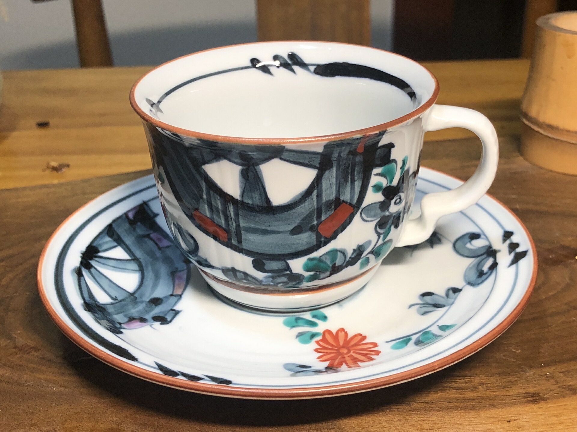 日本中古迴流 重山作手繪青花赤繪綠交趾 咖啡杯碟套/名家手繪