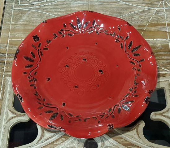美國名品-素雅花藤復古陶圓餐盤(紅)(小)