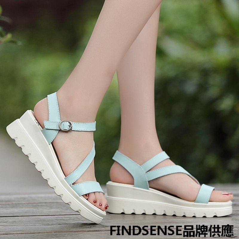 FINDSENSE品牌 新款 日本 女 高品質 真皮 簡約 清新純色 厚底增高 舒適 時尚涼鞋 休閒鞋 潮流鞋子
