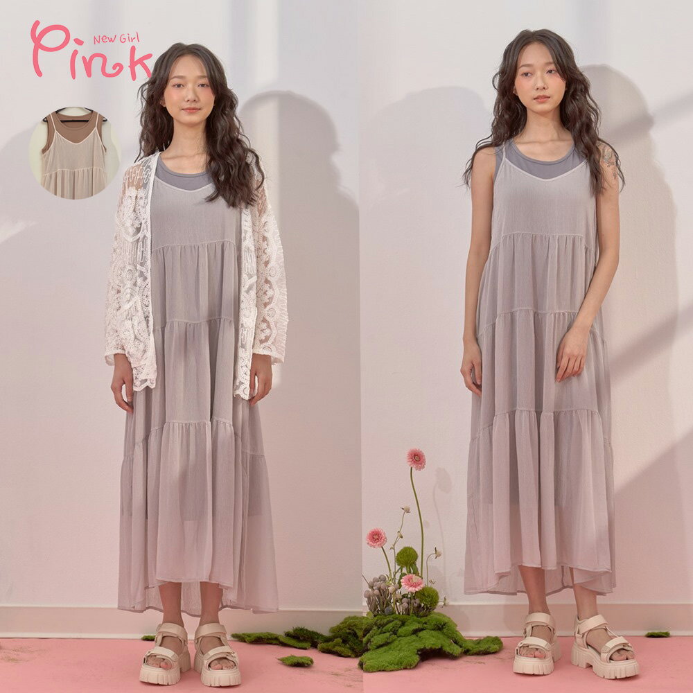 Pink*日系可愛背心雪紡洋裝 (2色) Y1106BD