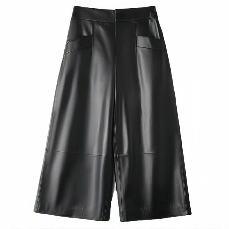 【巴黎精品】現貨+預購 真皮長褲休閒褲-真皮闊腿九分褲女褲子a1iv39