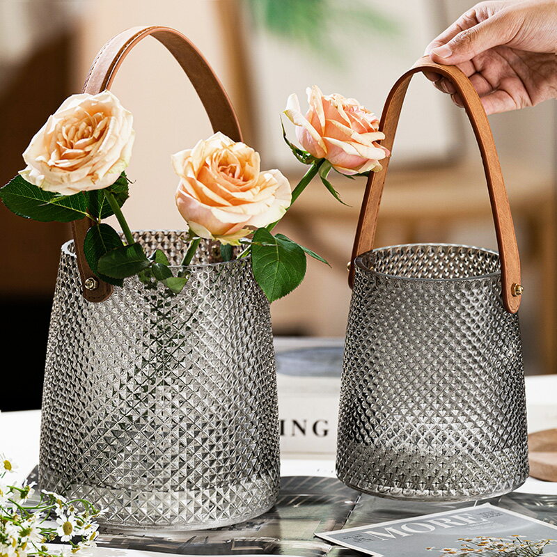 創意皮革手提花瓶玻璃水養插花玫瑰百合客廳餐桌裝飾擺件【不二雜貨】