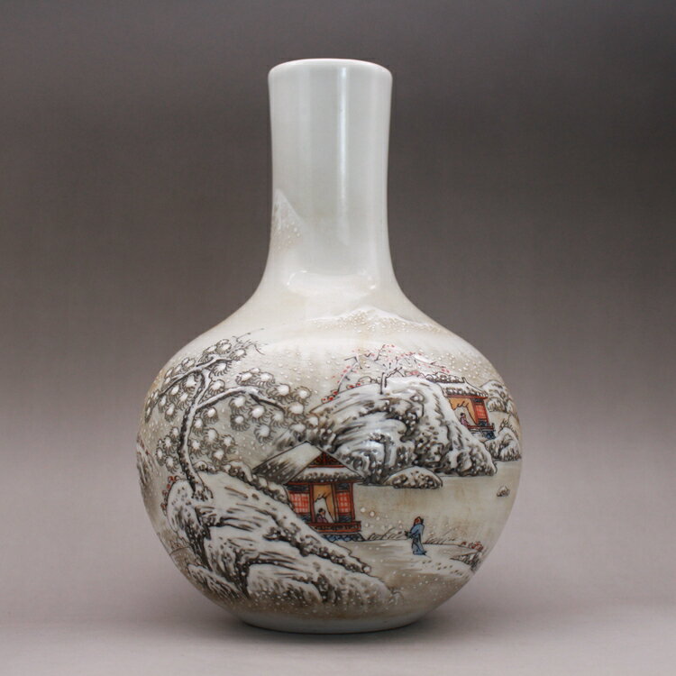 清康熙粉彩手繪雪景山水天球瓶花瓶古玩古董陶瓷器仿古老貨收藏品