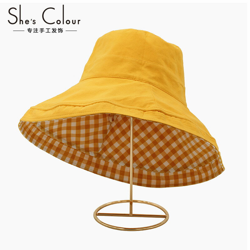 黃色雙面漁夫帽女大帽檐帽子遮陽防曬太陽年新款夏季薄款春秋