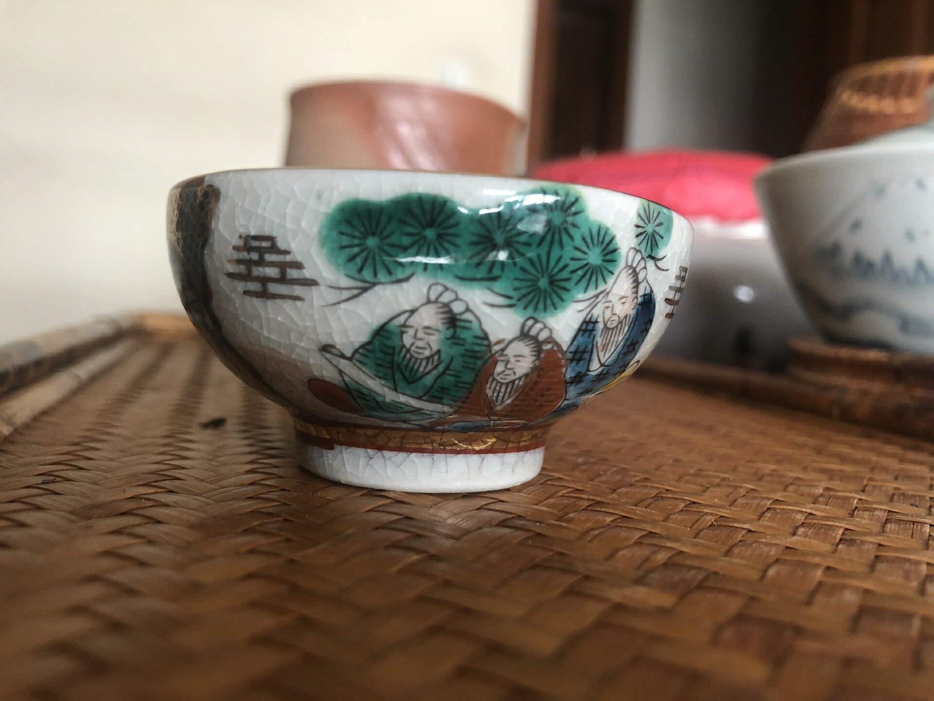 日本中古回流九谷莊三六角描金彩繪青花茶杯