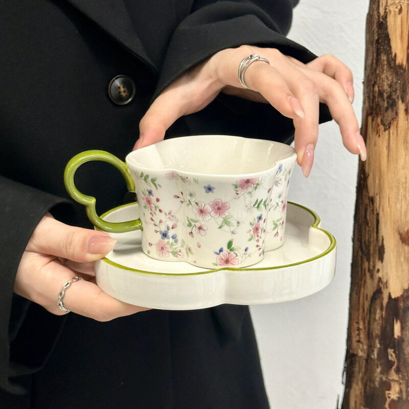 設計感四葉草型陶瓷咖啡杯碟套裝創意下午茶杯拿鐵杯高顏值伴手禮