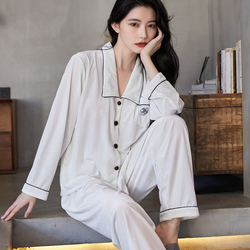 韓國金絲絨睡衣女秋冬季加厚保暖簡約純色簡約時尚開衫家居服套裝