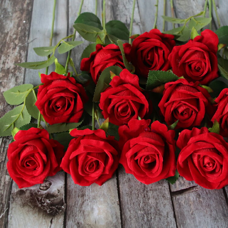 仿真玫瑰花單支假玫瑰花客廳裝飾花絨布紅玫瑰仿真花束絹花