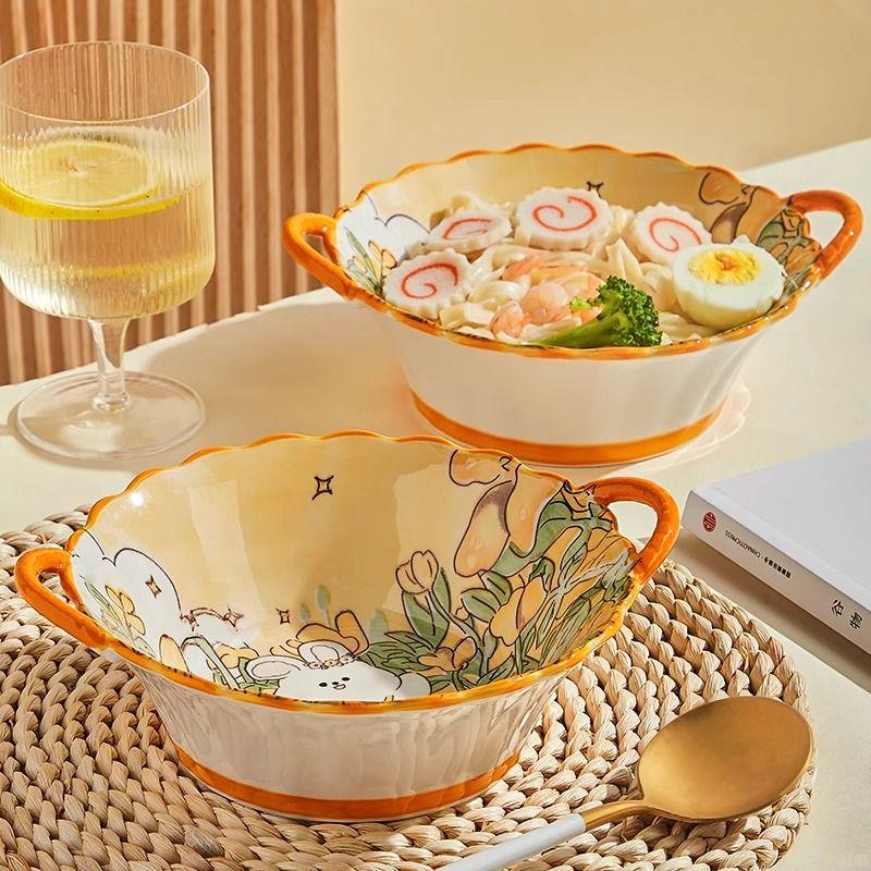 碗網紅高顏值家用泡麵碗雙耳碗創意卡通甜品碗可愛米飯碗陶瓷餐具