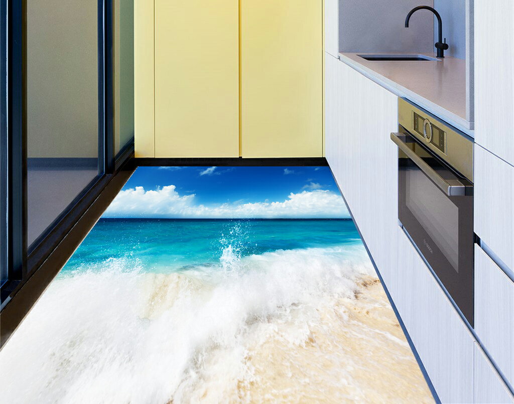 DT4443D防滑地板貼紙 藍天海浪沙灘 浴室廚房防水地貼裝飾1入