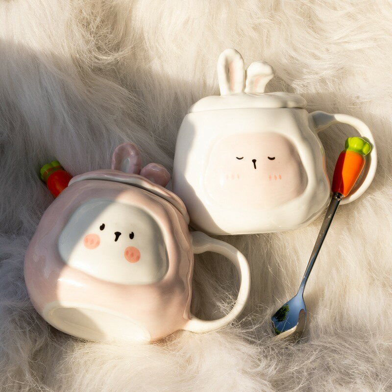 兔子陶瓷馬克杯帶蓋水杯子創意少女可愛情侶款一對家用牛奶咖啡杯 【奇趣生活】