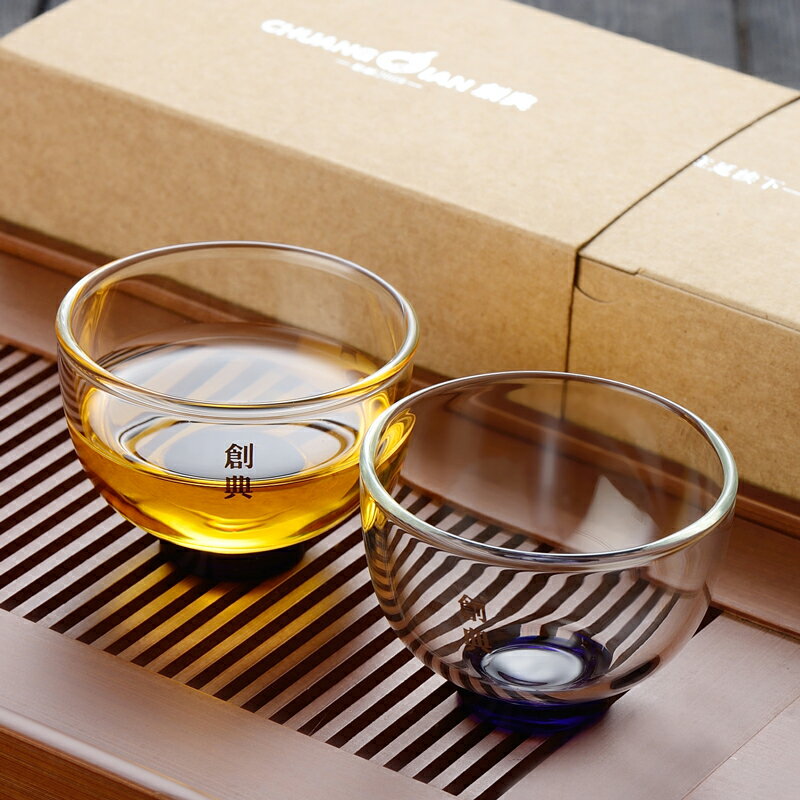 創典 耐熱玻璃小茶杯功夫茶具品茶杯帶把透明加厚玻璃杯藍把100ml