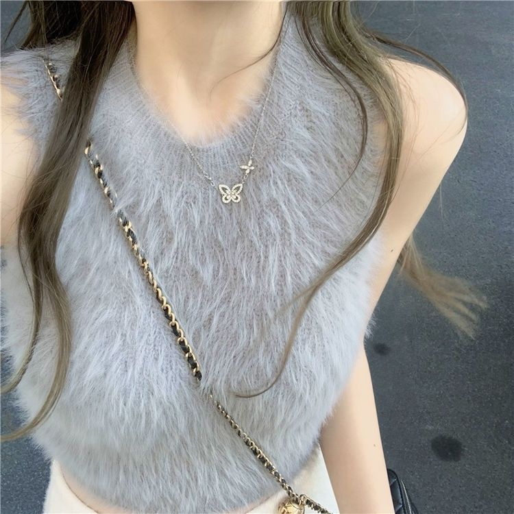 純欲風辣妹復古毛絨保暖內搭背心女外穿常規款性感吊帶上衣秋冬新款【聚寶屋】