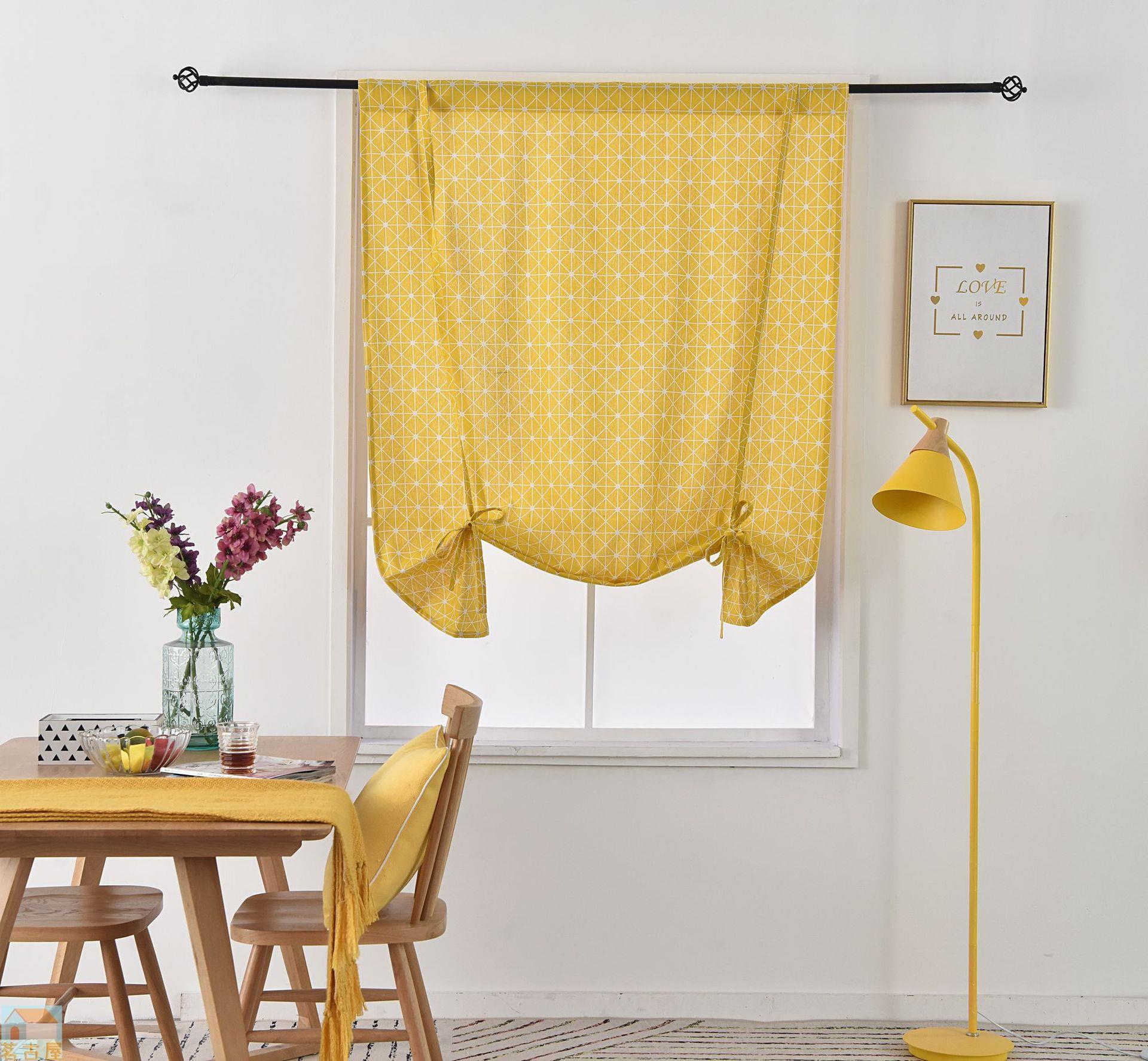 黃色幾何印花成品窗簾帶子簾遮光羅馬簾亞馬遜速賣通一件代發