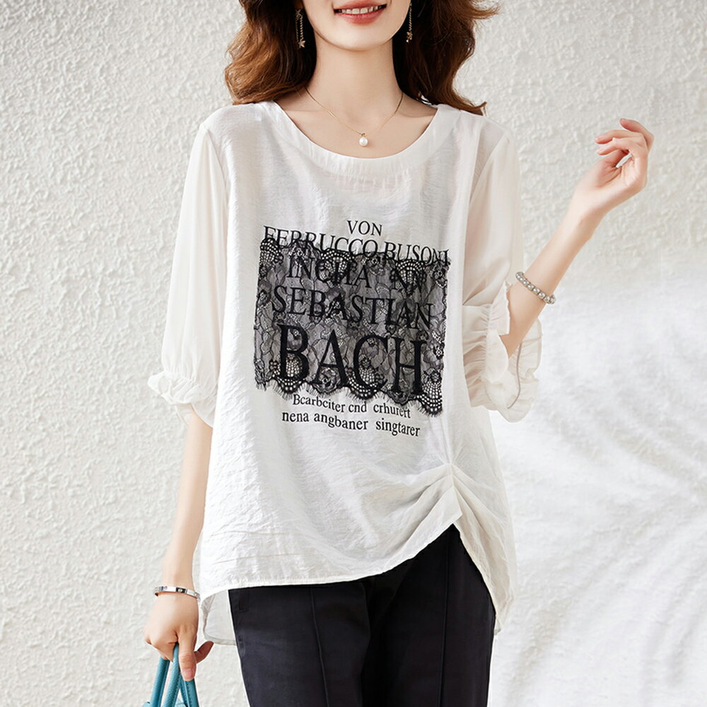 ＊ORead＊蕾絲印花圓領短袖T恤上衣(2色L~5XL)