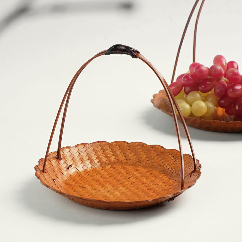 中式手工竹編提籃創意水果盆家用茶點盤零食果盤點心收納小竹籃子中式茶具中式茶盤 茶具用品