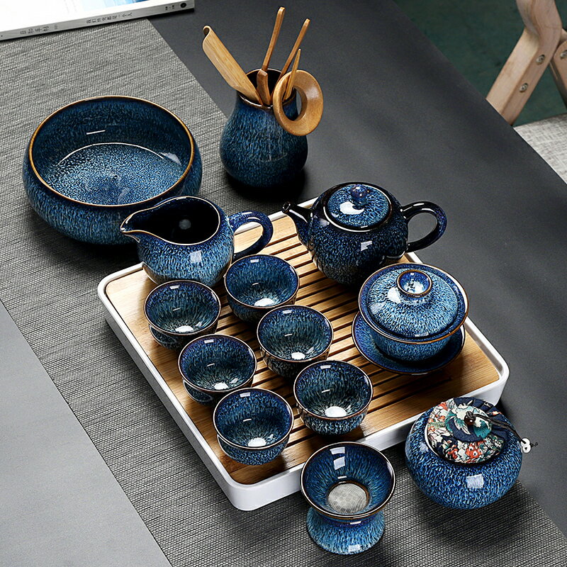 鈞窯漸 變陶瓷 茶具套 裝家用 茶藝整 套拉絲兔毫窯變建盞蓋碗茶壺