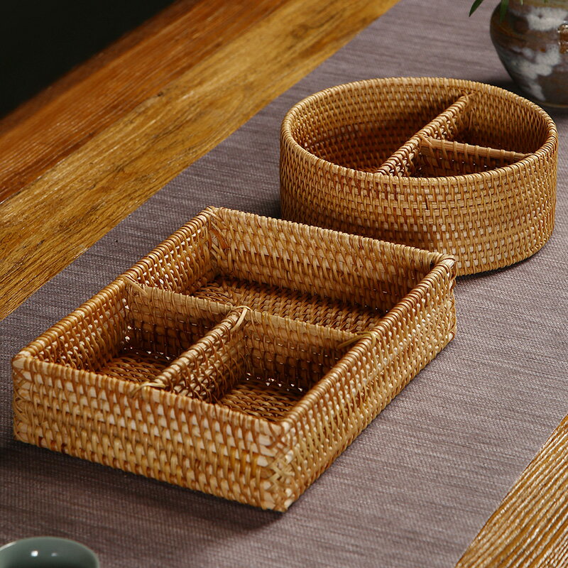 越南藤編果籃茶點盒家用多格收納盒竹編干果盤創意現代客廳糖果盒