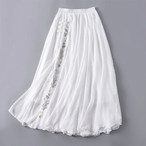 中國風新款刺繡花雪紡中式半身裙文藝復古中長款裙子白色禪意茶服