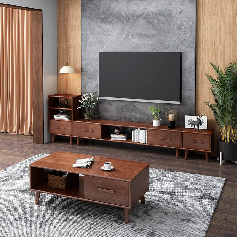 胡桃木色實木電視櫃現代簡約客廳新款茶幾組合小戶型地電視機櫃 快速出貨