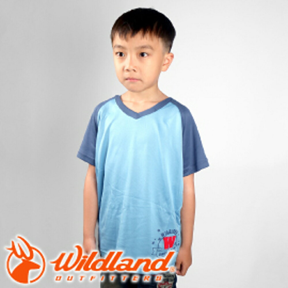 【Wildland 荒野 中童 椰碳繡花排汗衣 水藍】 71672-73/兒童短袖/排汗衣