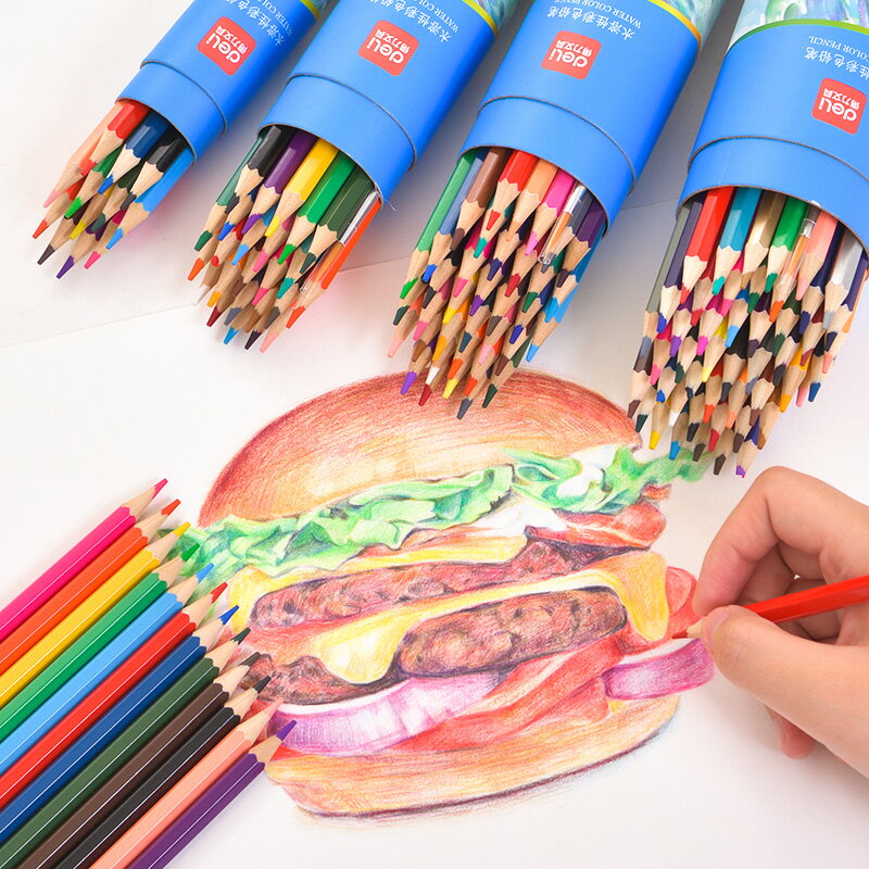 得力彩色鉛筆油性彩鉛學生用專業手繪48色水溶性彩鉛筆24色畫畫筆36色小學生顏色筆水溶款繪畫素描兒童鉛筆