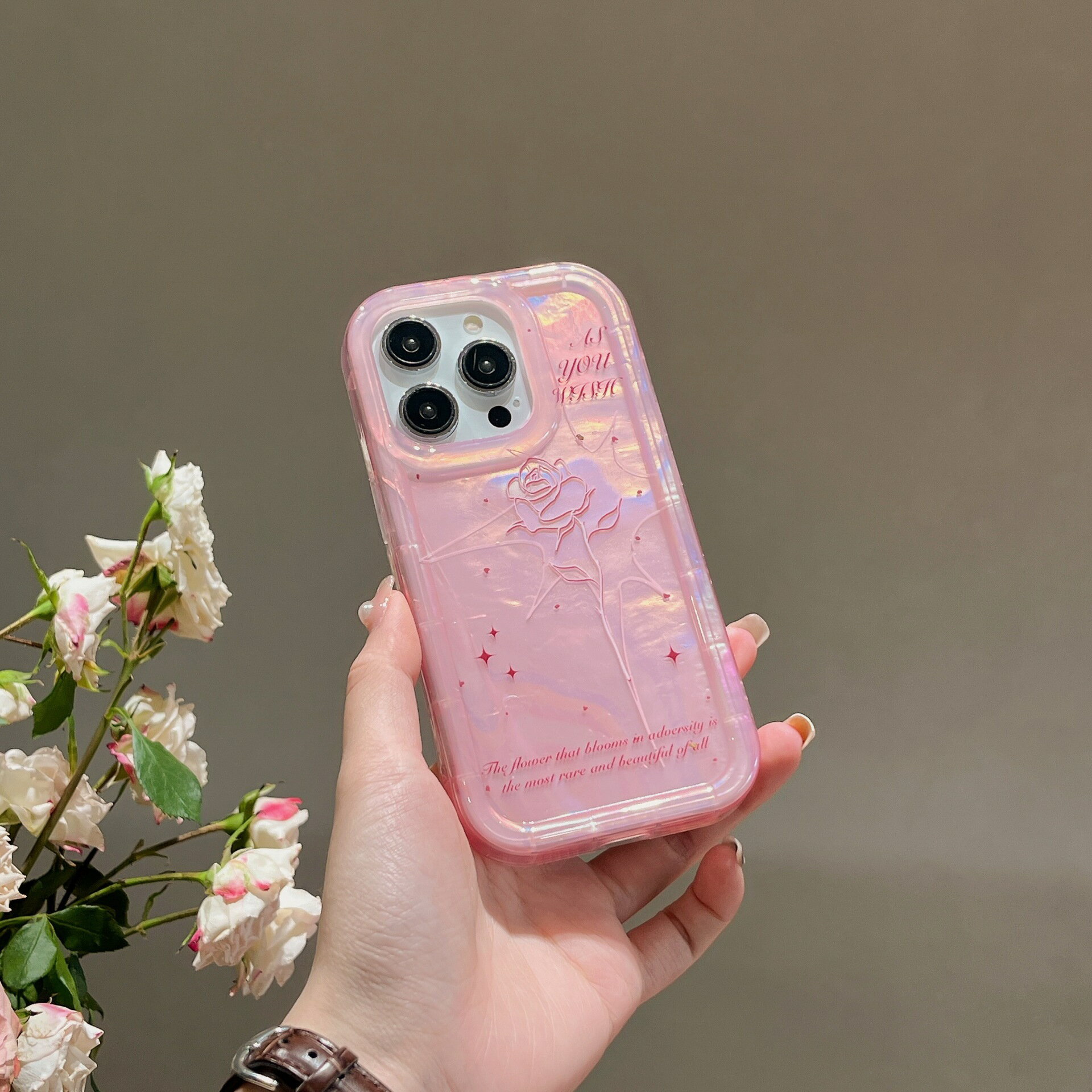粉色貝殼紋玫瑰花朵適用iPhone14pro max蘋果15手機殼12/13高級感416