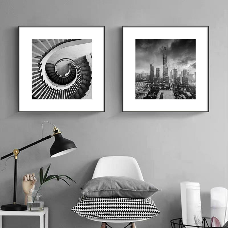 現代黑白灰攝影裝飾畫簡約藝術建筑抽象風景辦公室客廳墻組合掛畫