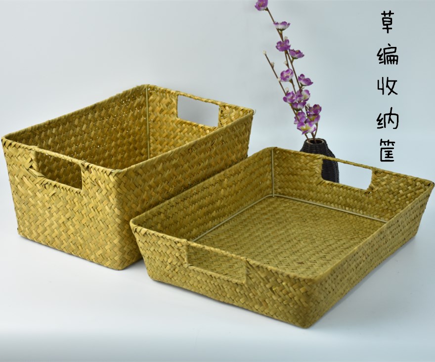 純手工草編藤編收納筐儲物盒鏤空手提海草編整理箱桌面收納