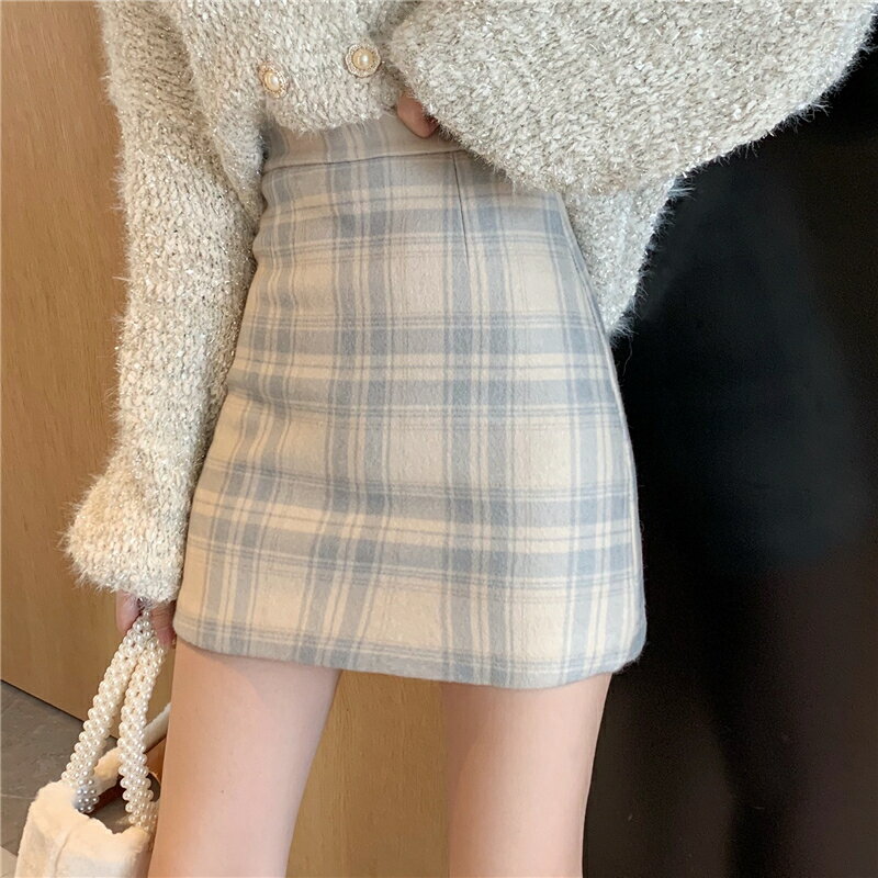 毛呢格子半身裙女秋冬天配毛衣高腰顯瘦包臀a字短裙子2021年新款