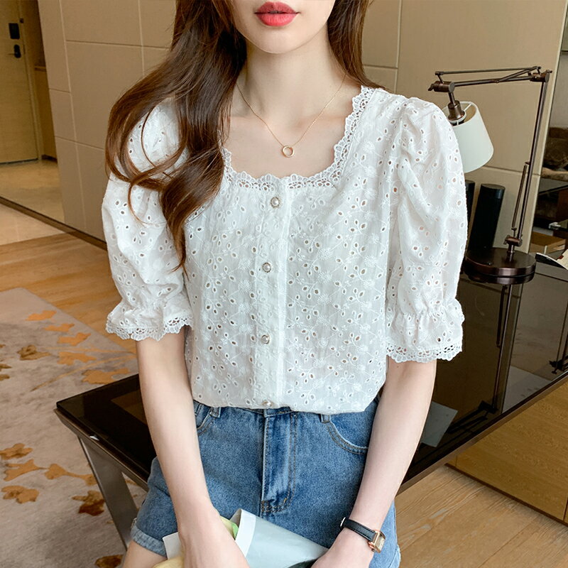 夏季新款韓版百搭法式小眾方領鏤空刺繡短袖襯衫純棉蕾絲上衣