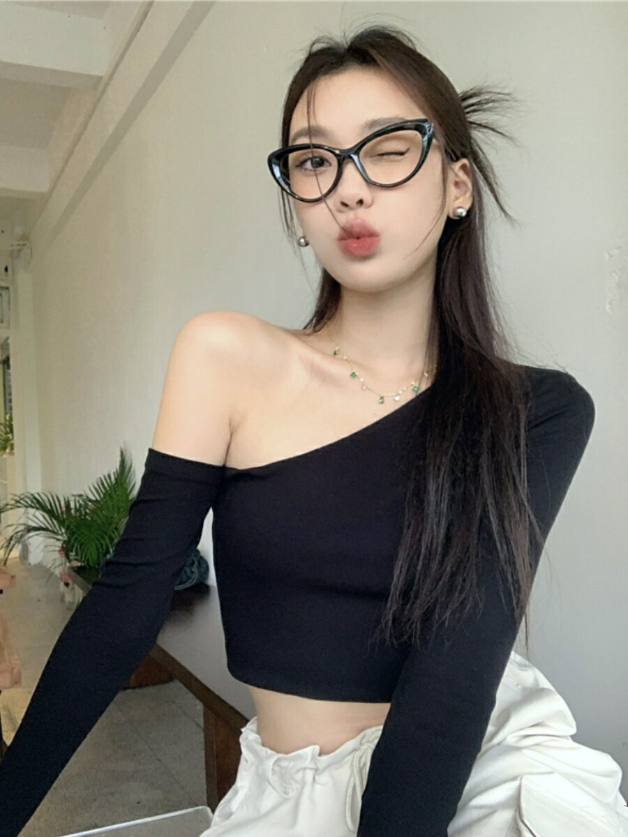 ET爵士 jazz上衣女辣妹純欲露肩T恤高腰短款性感緊身女團蹦迪長袖