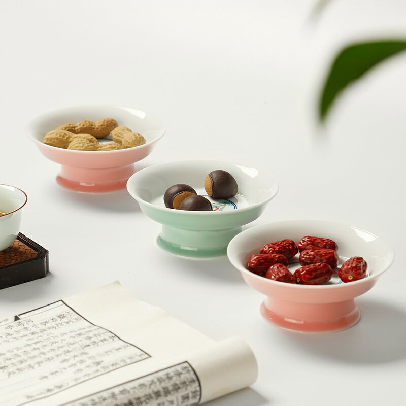 創意折腰水果盤手繪白瓷高足盤日式茶點盤家用零食托盤陶瓷糕點碟中式茶具中式茶盤 茶具用品