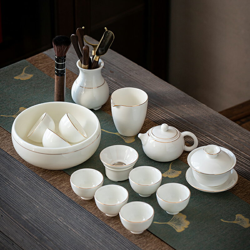 德化白瓷家用三才蓋碗羊脂玉功夫茶具套裝小套客廳簡約泡茶壺茶杯