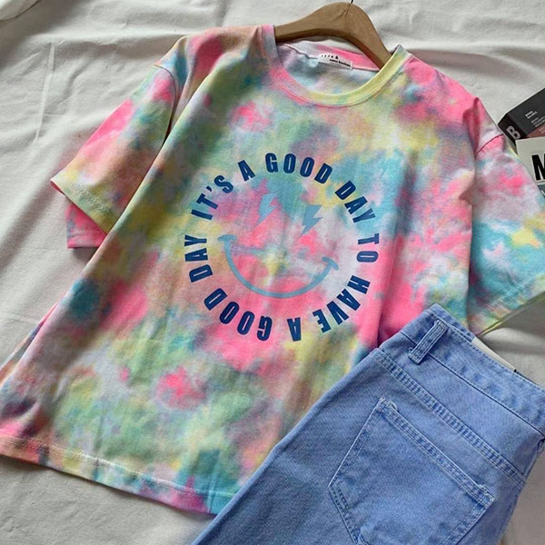 ANNAS 正韓 笑臉 暈染 渲染 短袖 T 上衣 棉T 扎染 水彩 潑漆 漸層 彩色 彩虹 螢光 微笑 潮流 韓國 4