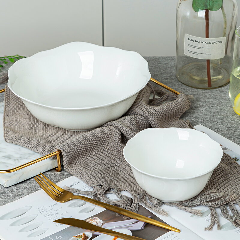 景德鎮骨瓷碗創意花邊碗個性ins家用飯碗大號湯碗純白碗陶瓷餐具