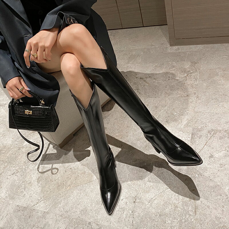 騎士靴粗腿顯瘦長筒靴女小個子加絨尖頭v口不過膝粗跟彈力瘦瘦靴