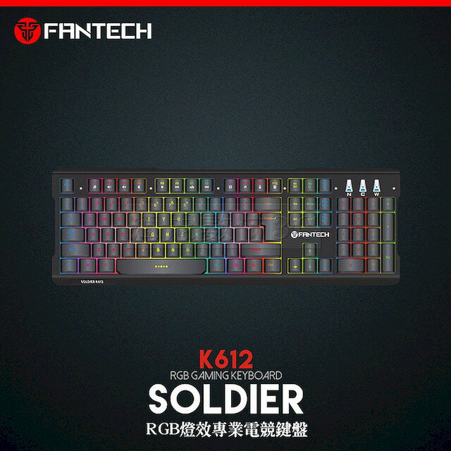 FANTECH K612 鋁合金面板RGB電競鍵盤 全鍵104鍵 9色背光 19鍵同擊 懸浮式 機械手感